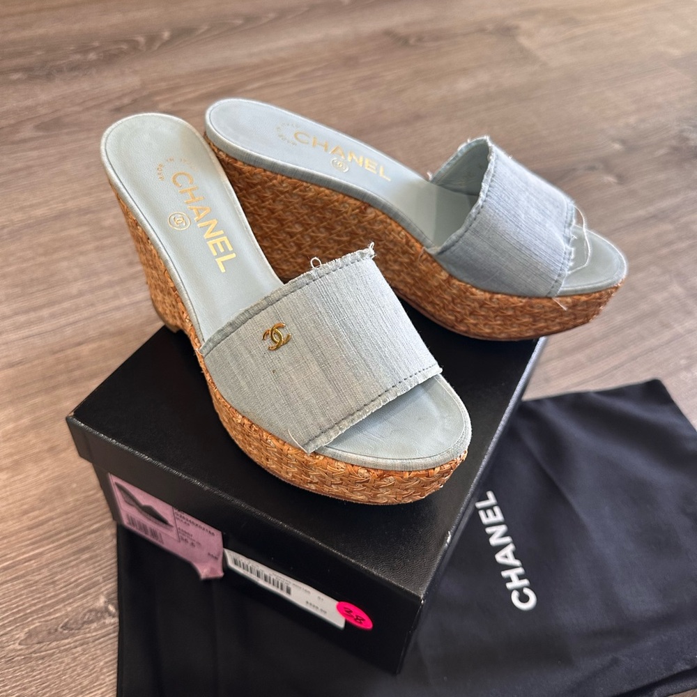 Chanel Light Blue Wedge Sandals